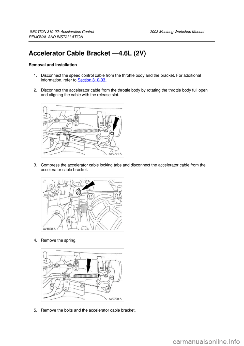 FORD MUSTANG 2003  Workshop Manual REMOVAL AND INSTALLATION 
Accelerator Cable Bracket —
4.6L (2V) 
Removal and Installation  1. Disconnect the speed control cable from the throttle body and the bracket. For additional  information, 