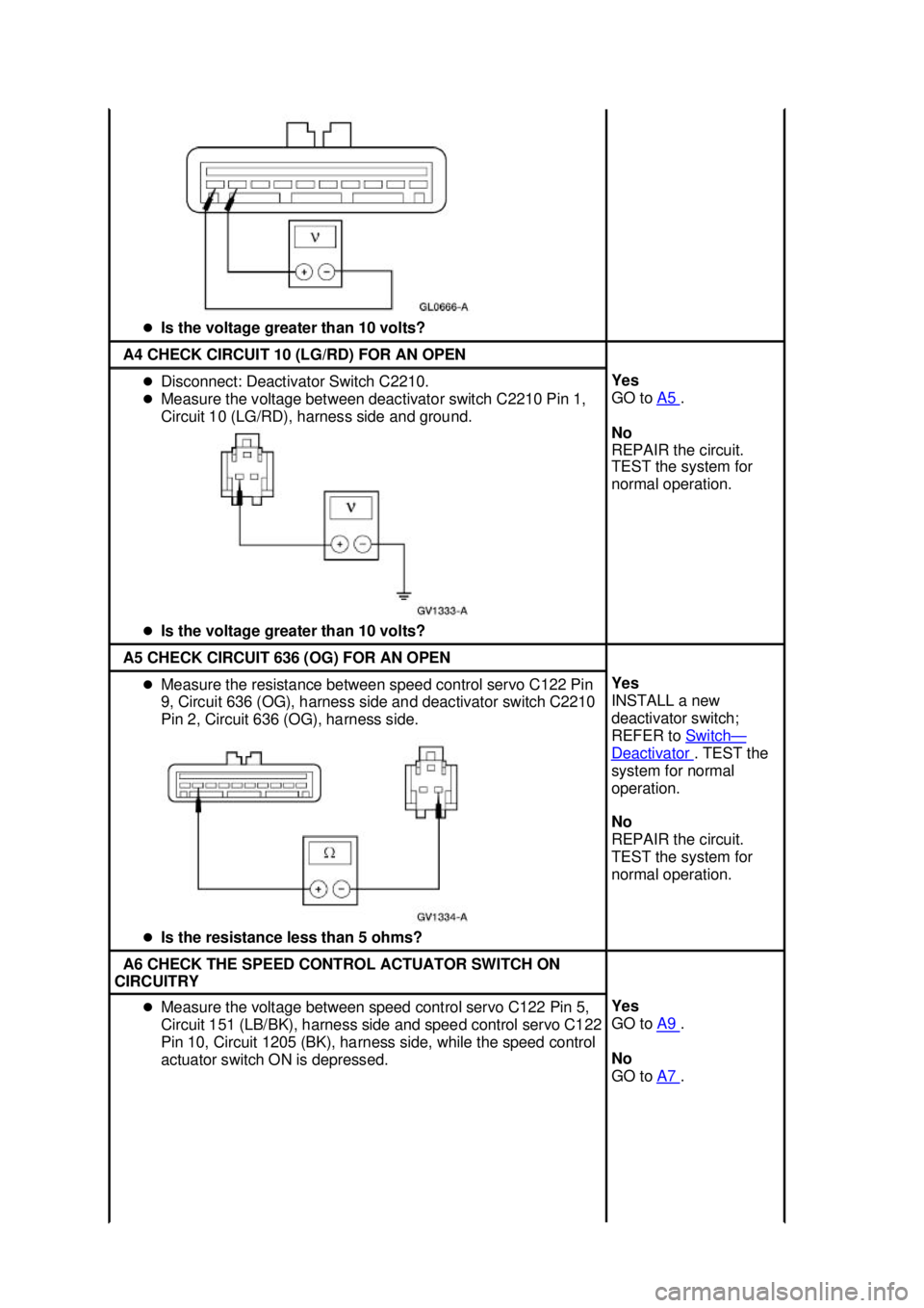 FORD MUSTANG 2003  Workshop Manual �z
Is the voltage greater than 10 volts?  A4 CHECK CIRCUIT 10 (LG/RD) FOR AN OPEN 
�z
Disconnect: Deactivator Switch C2210. 
�z Measure the voltage between deactivator switch C2210 Pin 1, 
Circuit 10 
