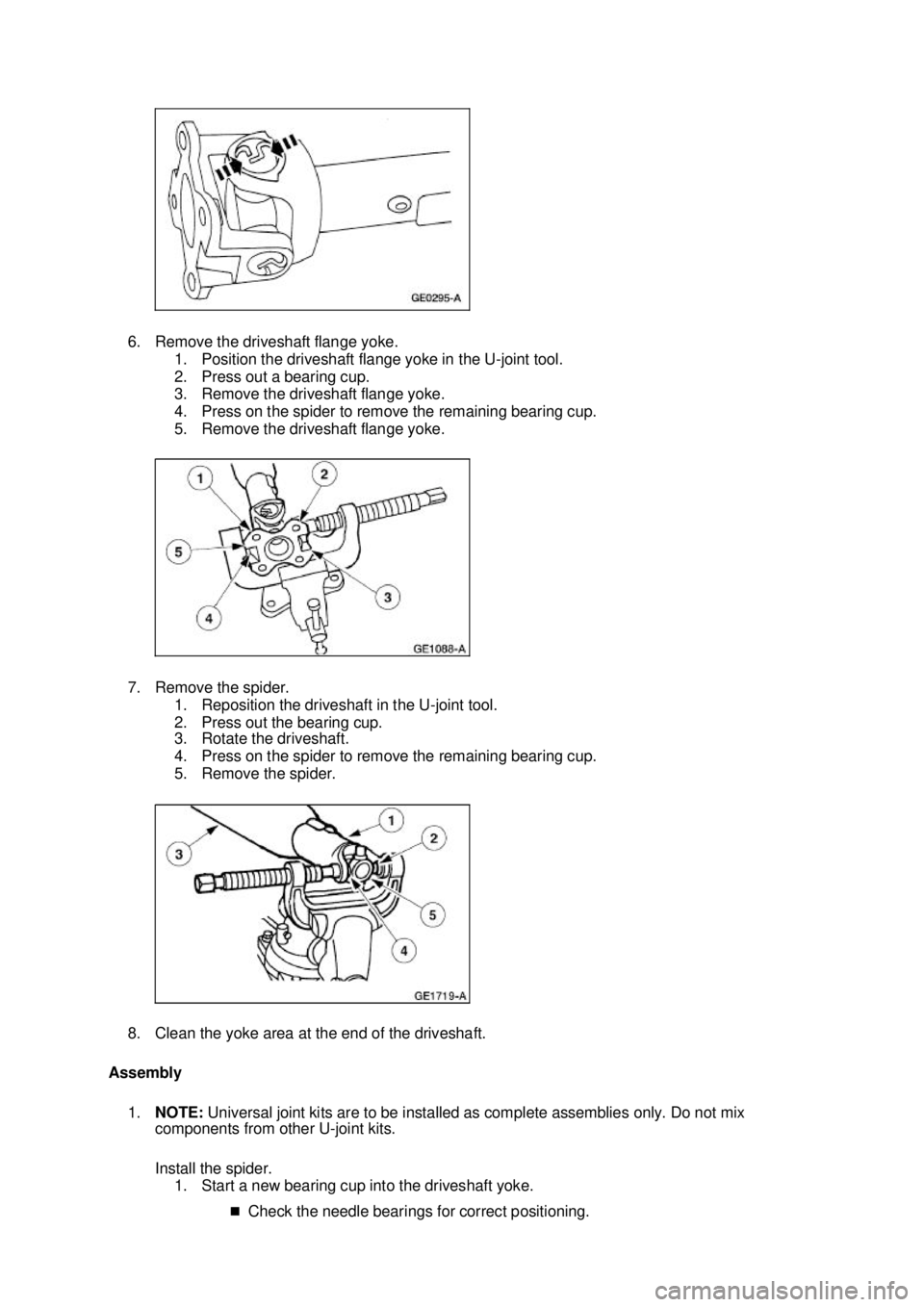 FORD MUSTANG 2003  Workshop Manual 6. Remove the driveshaft flange yoke. 
1. Position the driveshaft flange yoke in the U- joint tool. 
2. Press out a bearing cup. 
3. Remove the driveshaft flange yoke. 
4. Press on the spider to remov