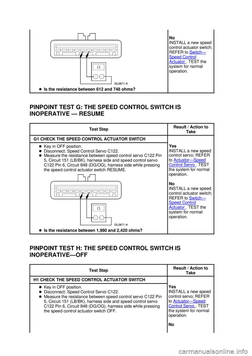 FORD MUSTANG 2003  Workshop Manual PINPOINT TEST G: THE SPEED CONTROL SWITCH IS 
INOPERATIVE —
RESUME 
PINPOINT TEST H: THE SPEED CONTROL SWITCH IS 
INOPERATIVE— OFF �z
Is the resistance between 612 and 748 ohms?  No 
INSTALL a new