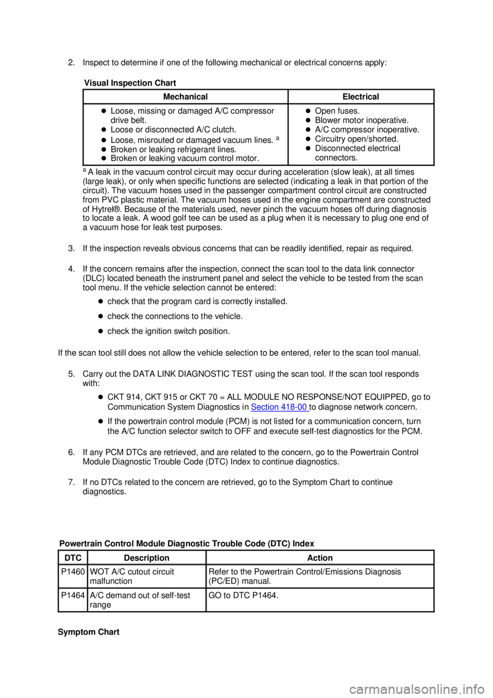 FORD MUSTANG 2003  Workshop Manual 2. Inspect to determine if one of the following mechanical or electrical concerns apply: 
a A leak in the vacuum control circuit may occur during acceleration (slow leak), at all times 
(large leak), 
