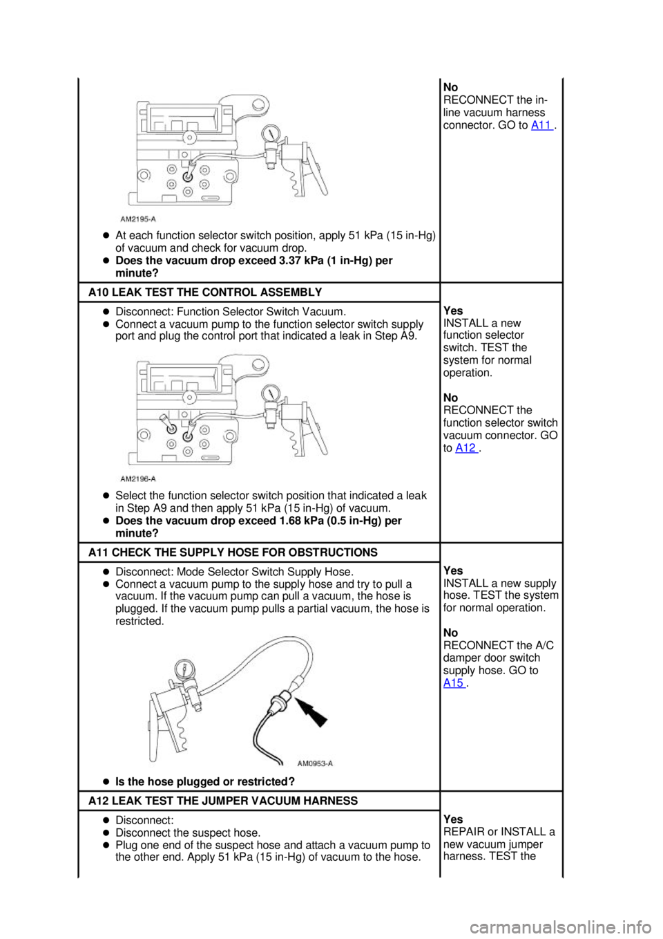 FORD MUSTANG 2003 User Guide �z
At each function selector switch position, apply 51 kPa (15 in- Hg) 
of vacuum and check for vacuum drop. 
�z Does the vacuum drop exceed 3.37 kPa (1 in- Hg) per 
minute?  No 
RECONNECT the in-
lin