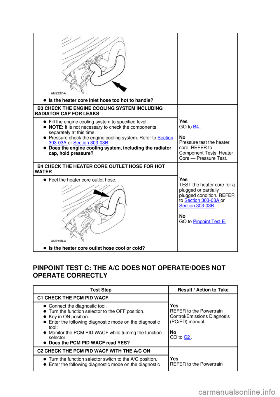 FORD MUSTANG 2003 Repair Manual PINPOINT TEST C: THE A/C DOES NOT OPERATE/DOES NOT 
OPERATE CORRECTLY  �z
Is the heater core inlet hose too hot to handle?  B3 CHECK THE ENGINE COOLING SYSTEM INCLUDING 
RADIATOR CAP FOR LEAKS  �z
Fil