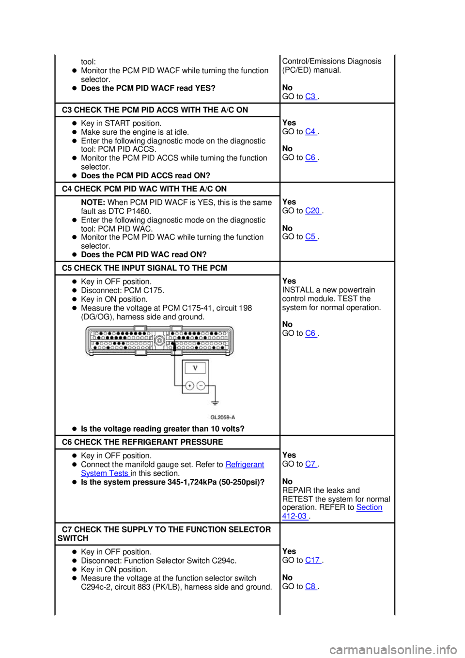 FORD MUSTANG 2003  Workshop Manual tool: 
�z Monitor the PCM PID WACF while turning the function 
selector. 
�z Does the PCM PID WACF read YES?  Control/Emissions Diagnosis 
(PC/ED) manual. 
No 
GO to 
C3  . 
C3 CHECK THE PCM PID ACCS 