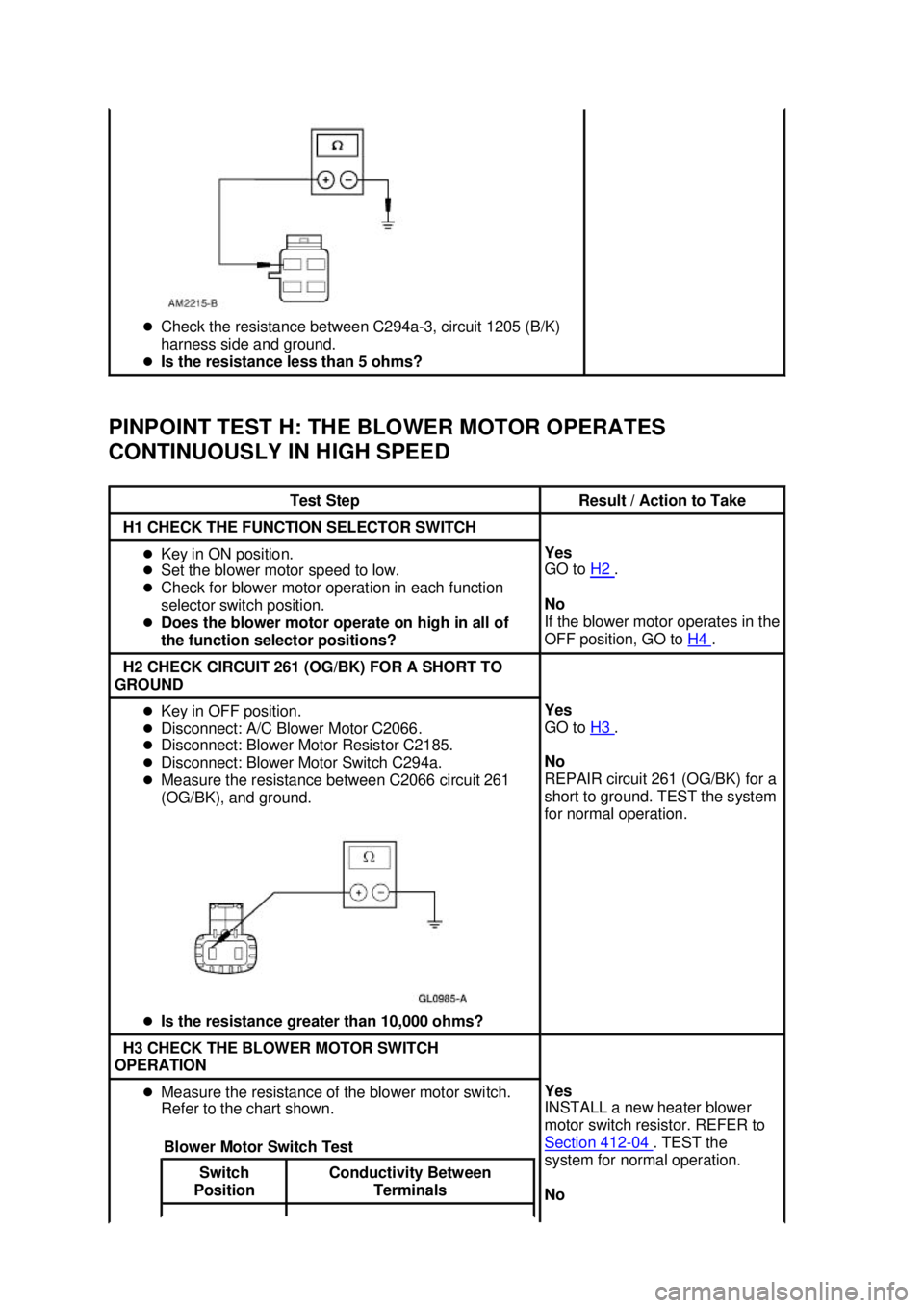 FORD MUSTANG 2003 Repair Manual PINPOINT TEST H: THE BLOWER MOTOR OPERATES 
CONTINUOUSLY IN HIGH SPEED  �z
Check the resistance between C294a- 3, circuit 1205 (B/K) 
harness side and ground. 
�z Is the resistance less than 5 ohms?  