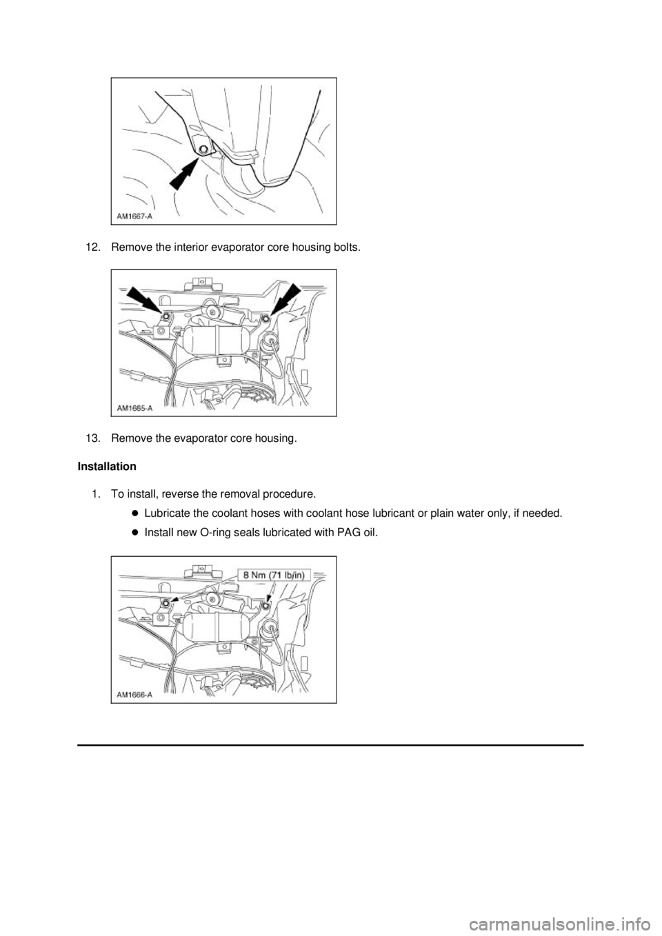 FORD MUSTANG 2003  Workshop Manual 12. Remove the interior evaporator core housing bolts. 
13. Remove the evaporator core housing. 
Installation  1. To install, reverse the removal procedure.  �zLubricate the coolant hoses with coolant