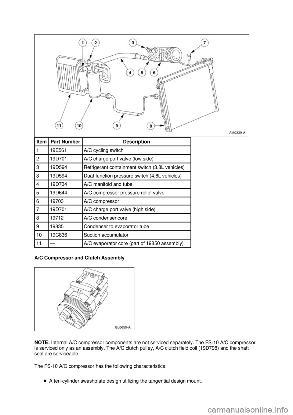 FORD MUSTANG 2003 Workshop Manual A/C Compressor and Clutch Assembly
NOTE:
Internal A/C compressor components are not serviced separately. The FS- 10 A/C compressor
is serviced only as an assembly. The A/C clutch pulley, A/C clutch FORD MUSTANG 2003 Workshop Manual A/C Compressor and Clutch Assembly
NOTE:
Internal A/C compressor components are not serviced separately. The FS- 10 A/C compressor
is serviced only as an assembly. The A/C clutch pulley, A/C clutch