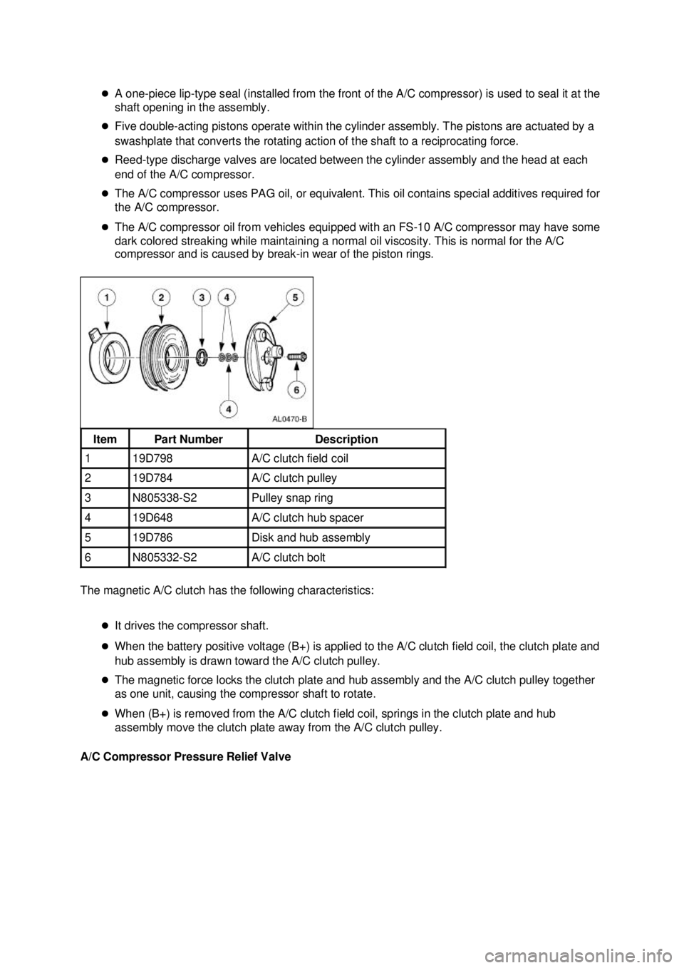 FORD MUSTANG 2003 Service Manual �z
A one- piece lip- type seal (installed from the front of the A/C compressor) is used to seal it at the 
shaft opening in the assembly. 
�z Five double- acting pistons operate within the cylinder as