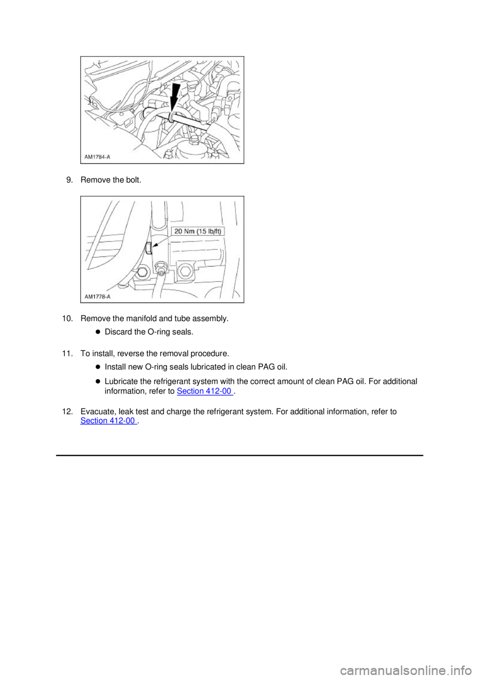 FORD MUSTANG 2003  Workshop Manual 9. Remove the bolt. 
10. Remove the manifold and tube assembly.  �zDiscard the O- ring seals. 
11. To install, reverse the removal procedure.  �zInstall new O- ring seals lubricated in clean PAG oil. 
