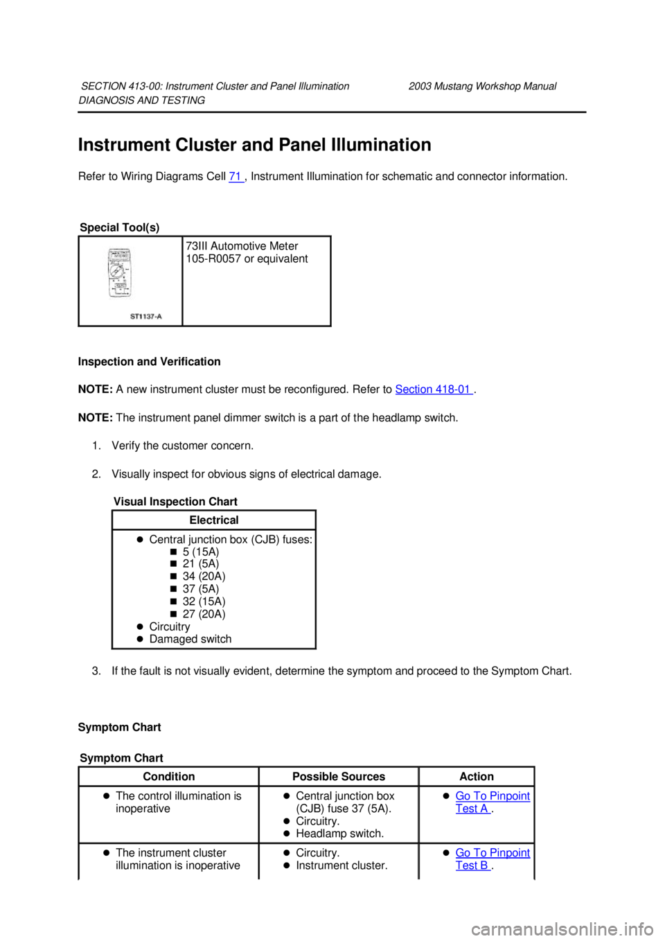 FORD MUSTANG 2003  Workshop Manual DIAGNOSIS AND TESTING 
Instrument Cluster and Panel Illumination 
Refer to Wiring Diagrams Cell 
71  , Instrument Illumination for schematic and connector information. 
Inspection and Verification 
NO
