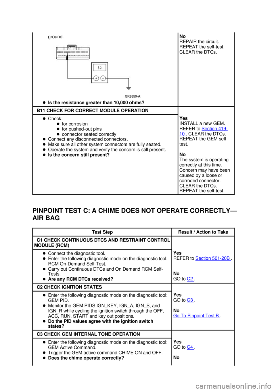 FORD MUSTANG 2003  Workshop Manual PINPOINT TEST C: A CHIME DOES NOT OPERATE CORRECTLY—
AIR BAG  ground. 
�z Is the resistance greater than 10,000 ohms?  No 
REPAIR the circuit. 
REPEAT the self-
test. 
CLEAR the DTCs.  B11 CHECK FOR