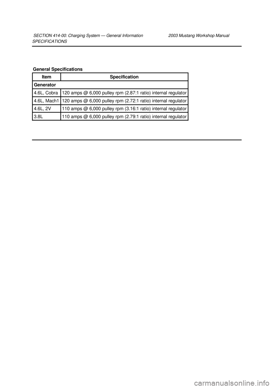 FORD MUSTANG 2003 Manual PDF SPECIFICATIONS 
SECTION 414-
00: Charging System — General Information  2003 Mustang Workshop Manual General Specifications 
Item  Specification 
Generator 
4.6L, Cobra  120 amps @ 6,000 pulley rpm 