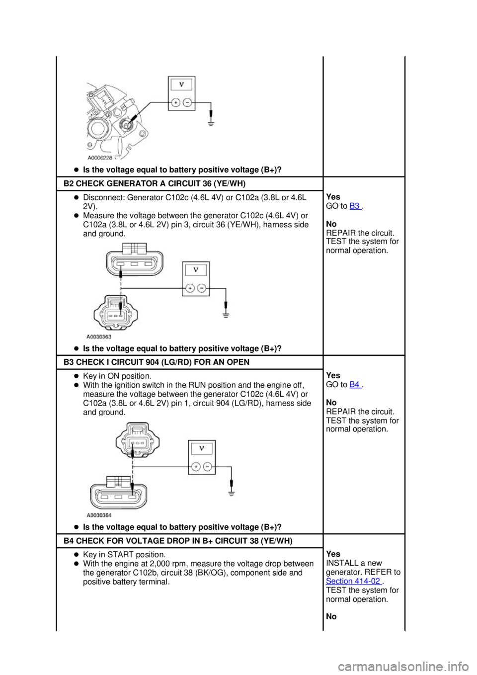 FORD MUSTANG 2003  Workshop Manual �z
Is the voltage equal to battery positive voltage (B+)?  B2 CHECK GENERATOR A CIRCUIT 36 (YE/WH) 
�z
Disconnect: Generator C102c (4.6L 4V) or C102a (3.8L or 4.6L 
2V). 
�z Measure the voltage betwee