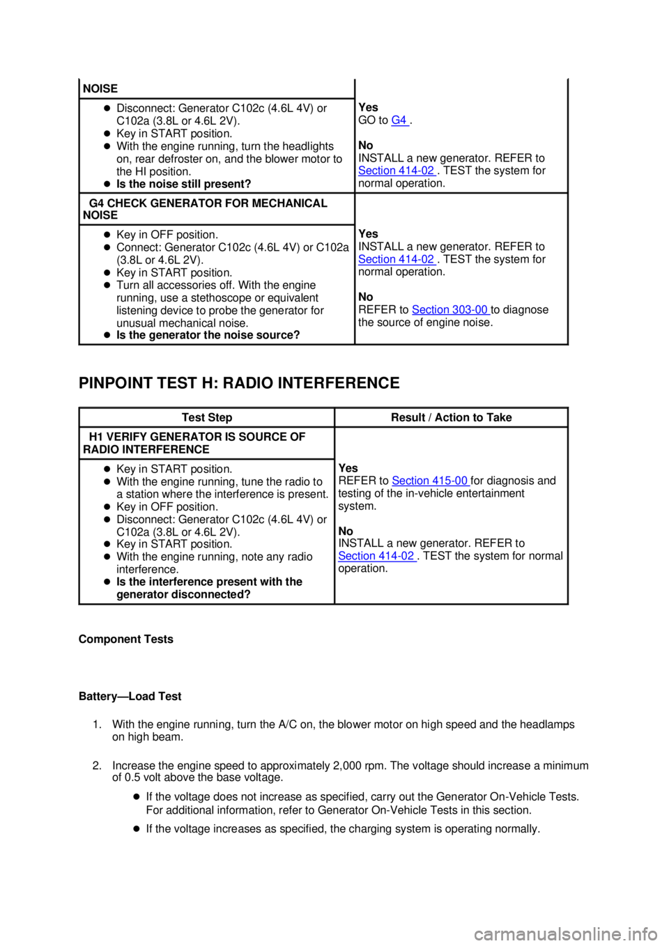 FORD MUSTANG 2003 Workshop Manual PINPOINT TEST H: RADIO INTERFERENCE
Component Tests
Battery—Load Test
1. With the engine running, turn the A/C on, the blower motor on high speed and the headlamps on high beam.
2. Increase the FORD MUSTANG 2003 Workshop Manual PINPOINT TEST H: RADIO INTERFERENCE
Component Tests
Battery—Load Test
1. With the engine running, turn the A/C on, the blower motor on high speed and the headlamps on high beam.
2. Increase the