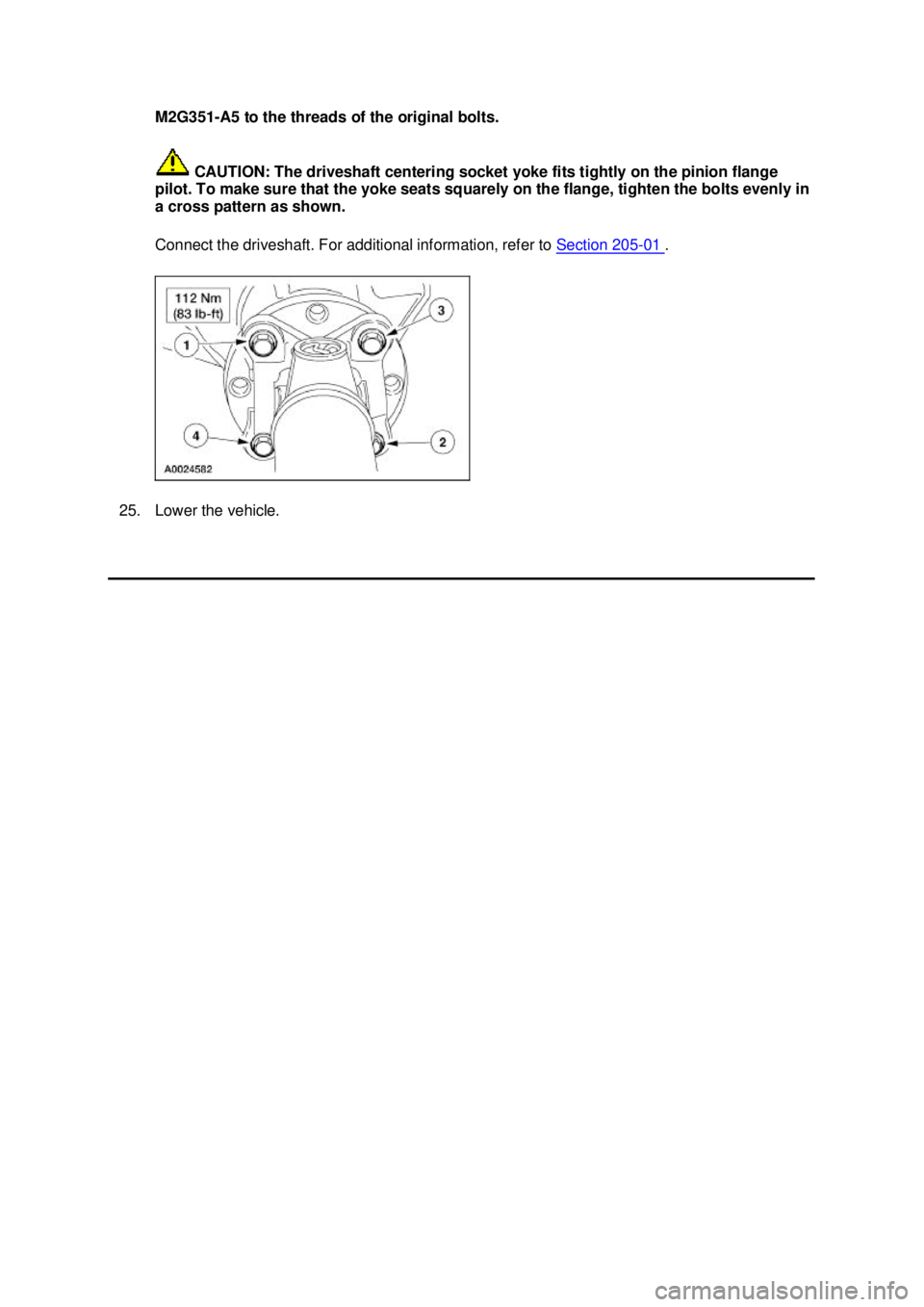 FORD MUSTANG 2003  Workshop Manual M2G351-
A5 to the threads of the original bolts. 
 CAUTION: The driveshaft centering socket yoke fits tightly on the pinion flange 
pilot. To make sure that the yoke seats squarely on the flange, tigh