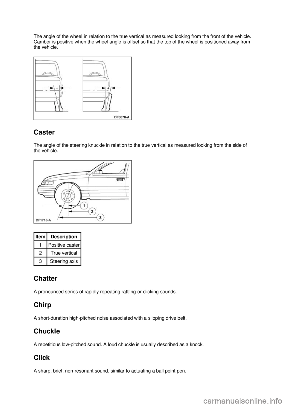 FORD MUSTANG 2003  Workshop Manual The angle of the wheel in relation to the true vertical as measured looking from the front of the vehicle. 
Camber is positive when the wheel angle is offset so that the top of the wheel is positioned