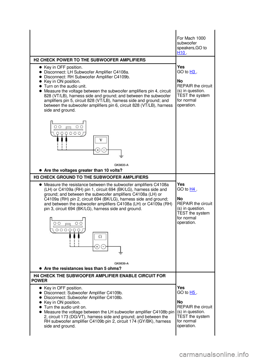 FORD MUSTANG 2003  Workshop Manual For Mach 1000 
subwoofer 
speakers,GO to 
H10 
. 
H2 CHECK POWER TO THE SUBWOOFER AMPLIFIERS 
�z
Key in OFF position. 
�z Disconnect: LH Subwoofer Amplifier C4108a. 
�z Disconnect: RH Subwoofer Amplif