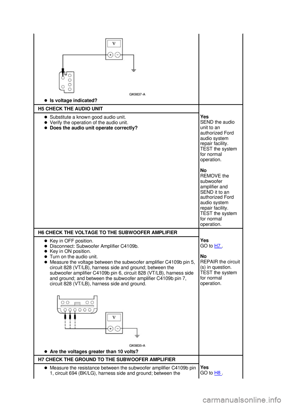 FORD MUSTANG 2003  Workshop Manual �z
Is voltage indicated?  H5 CHECK THE AUDIO UNIT 
�z
Substitute a known good audio unit. 
�z Verify the operation of the audio unit. 
�z Does the audio unit operate correctly?  Yes 
SEND the audio 
u
