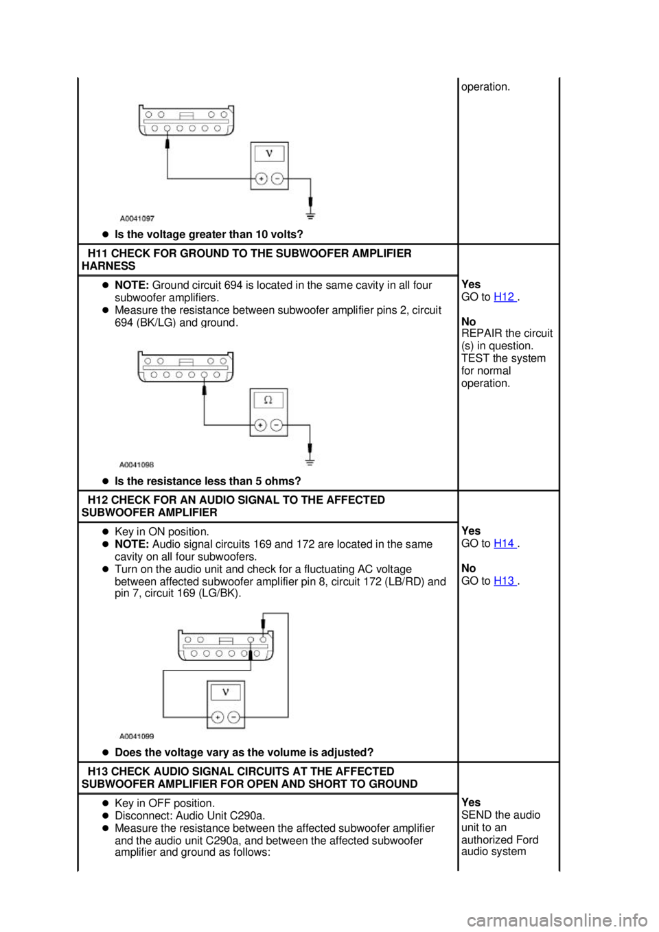 FORD MUSTANG 2003  Workshop Manual �z
Is the voltage greater than 10 volts?  operation. 
H11 CHECK FOR GROUND TO THE SUBWOOFER AMPLIFIER 
HARNESS  �z
NOTE:  Ground circuit 694 is located in the same cavity in all four 
subwoofer amplif