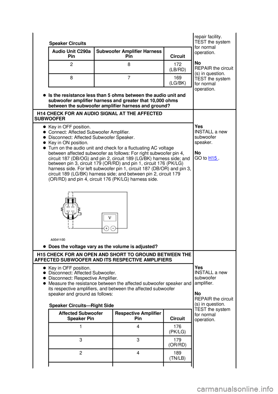 FORD MUSTANG 2003  Workshop Manual �z
Is the resistance less than 5 ohms between the audio unit and 
subwoofer amplifier harness and greater that 10,000 ohms 
between the subwoofer amplifier harness and ground? Speaker Circuits  Audio 