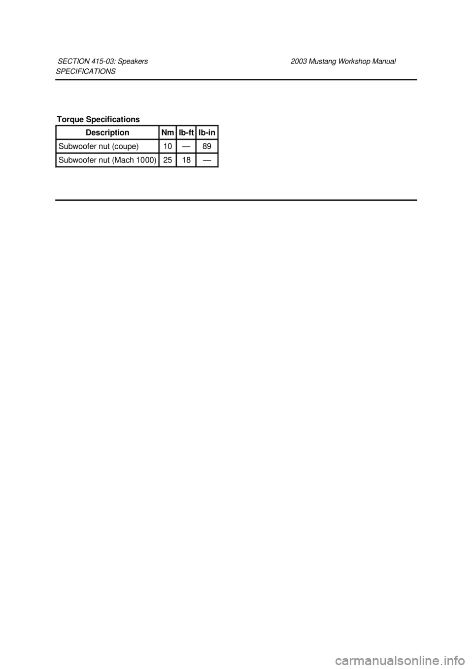 FORD MUSTANG 2003  Workshop Manual SPECIFICATIONS 
SECTION 415-
03: Speakers  2003 Mustang Workshop Manual Torque Specifications 
Description  Nm  lb-
ft  lb-
in  Subwoofer nut (coupe)  10  — 89 
Subwoofer nut (Mach 1000)  25  18  