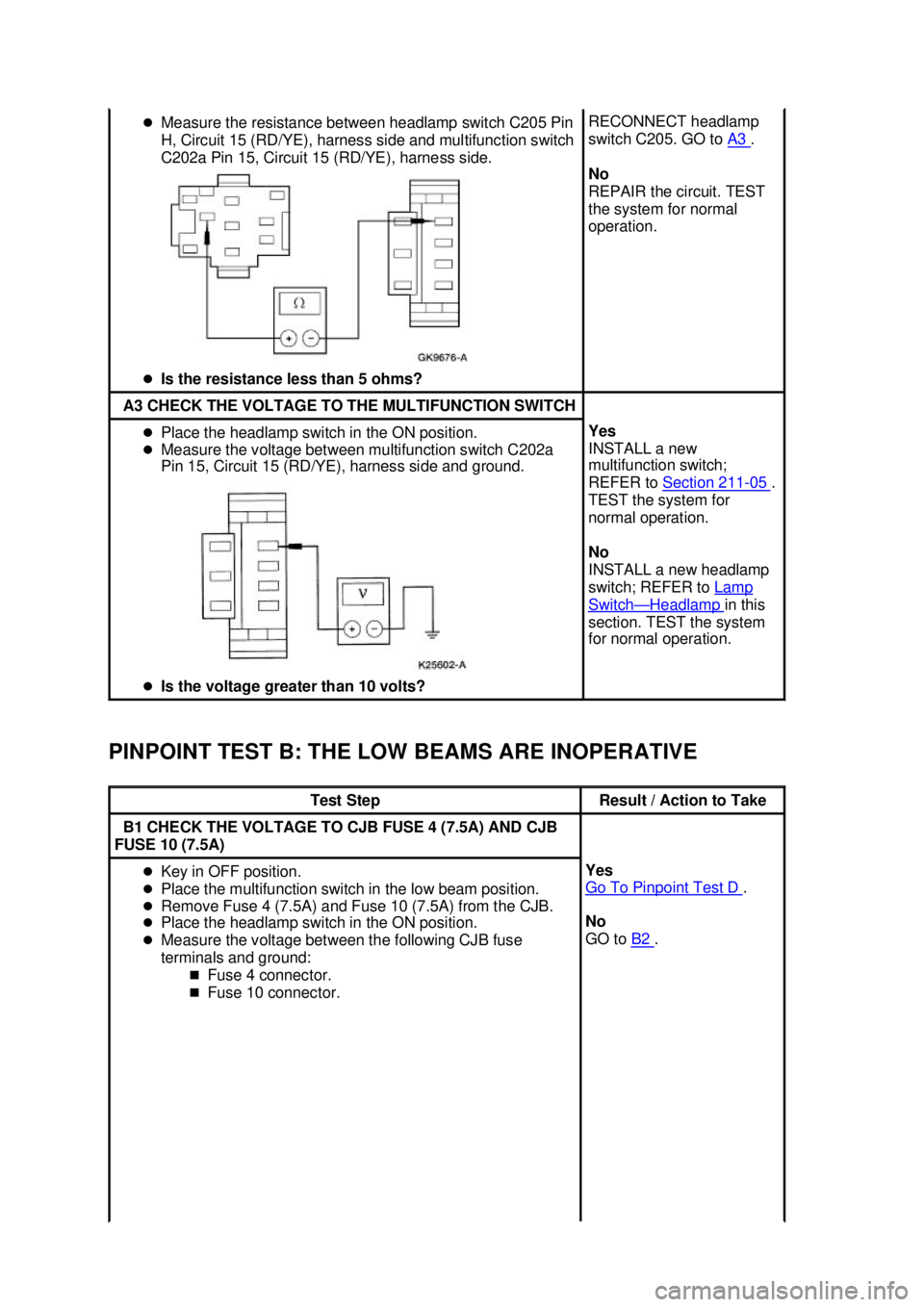 FORD MUSTANG 2003  Workshop Manual PINPOINT TEST B: THE LOW BEAMS ARE INOPERATIVE  �z
Measure the resistance between headlamp switch C205 Pin 
H, Circuit 15 (RD/YE), harness side and multifunction switch 
C202a Pin 15, Circuit 15 (RD/Y