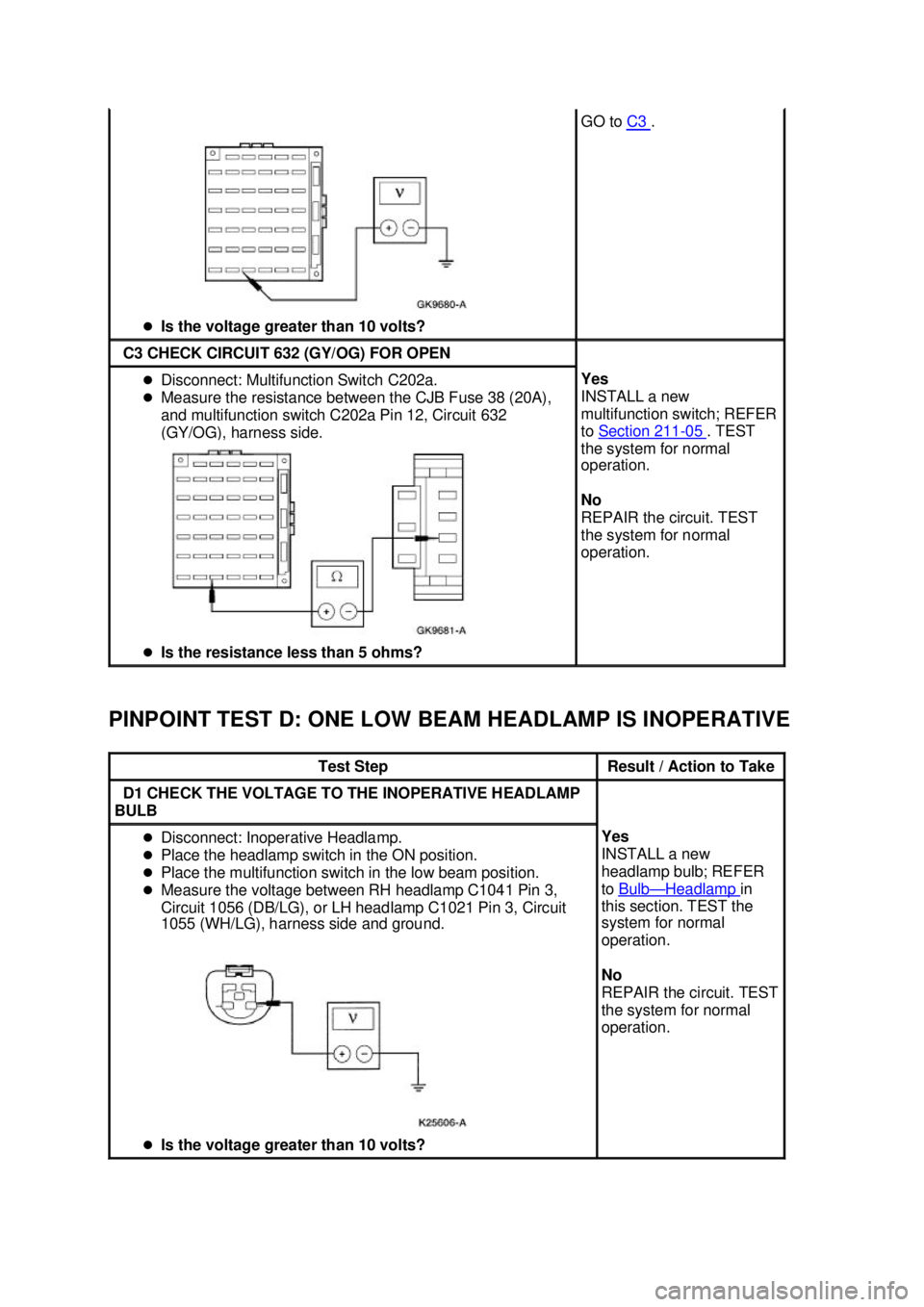 FORD MUSTANG 2003 Repair Manual PINPOINT TEST D: ONE LOW BEAM HEADLAMP IS INOPERATIVE  �z
Is the voltage greater than 10 volts?  GO to 
C3  . 
C3 CHECK CIRCUIT 632 (GY/OG) FOR OPEN 
�z
Disconnect: Multifunction Switch C202a. 
�z Mea