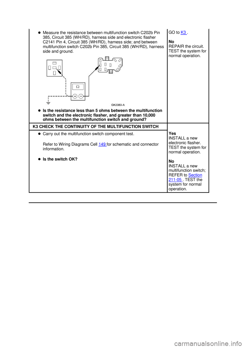 FORD MUSTANG 2003  Workshop Manual �z
Measure the resistance between multifunction switch C202b Pin 
385, Circuit 385 (WH/RD), harness side and electronic flasher 
C2141 Pin 4, Circuit 385 (WH/RD), harness side; and between 
multifunct