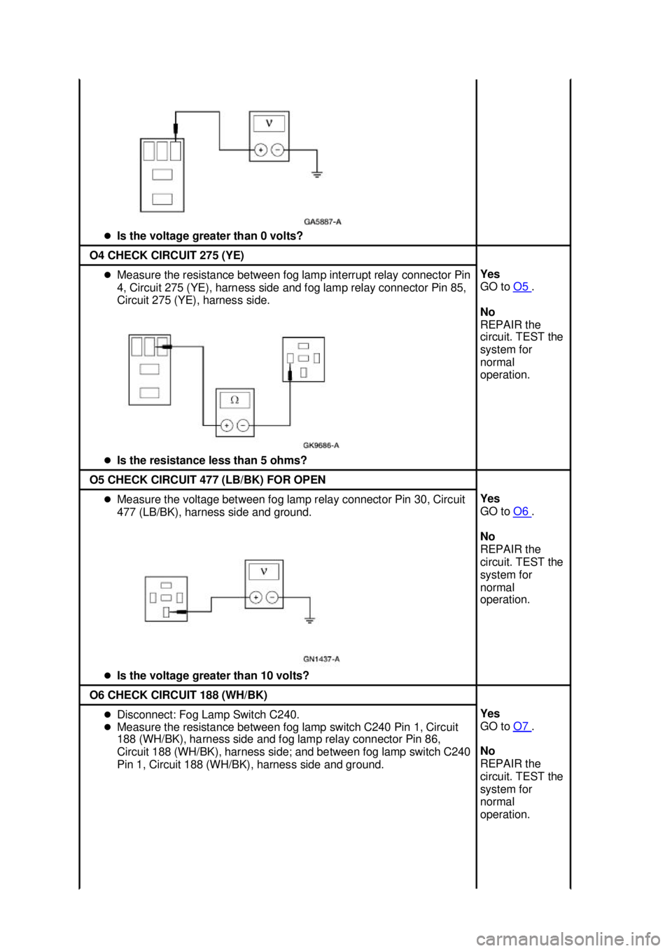 FORD MUSTANG 2003 Owners Guide �z
Is the voltage greater than 0 volts?  O4 CHECK CIRCUIT 275 (YE) 
�z
Measure the resistance between fog lamp interrupt relay connector Pin 
4, Circuit 275 (YE), harness side and fog lamp relay conne
