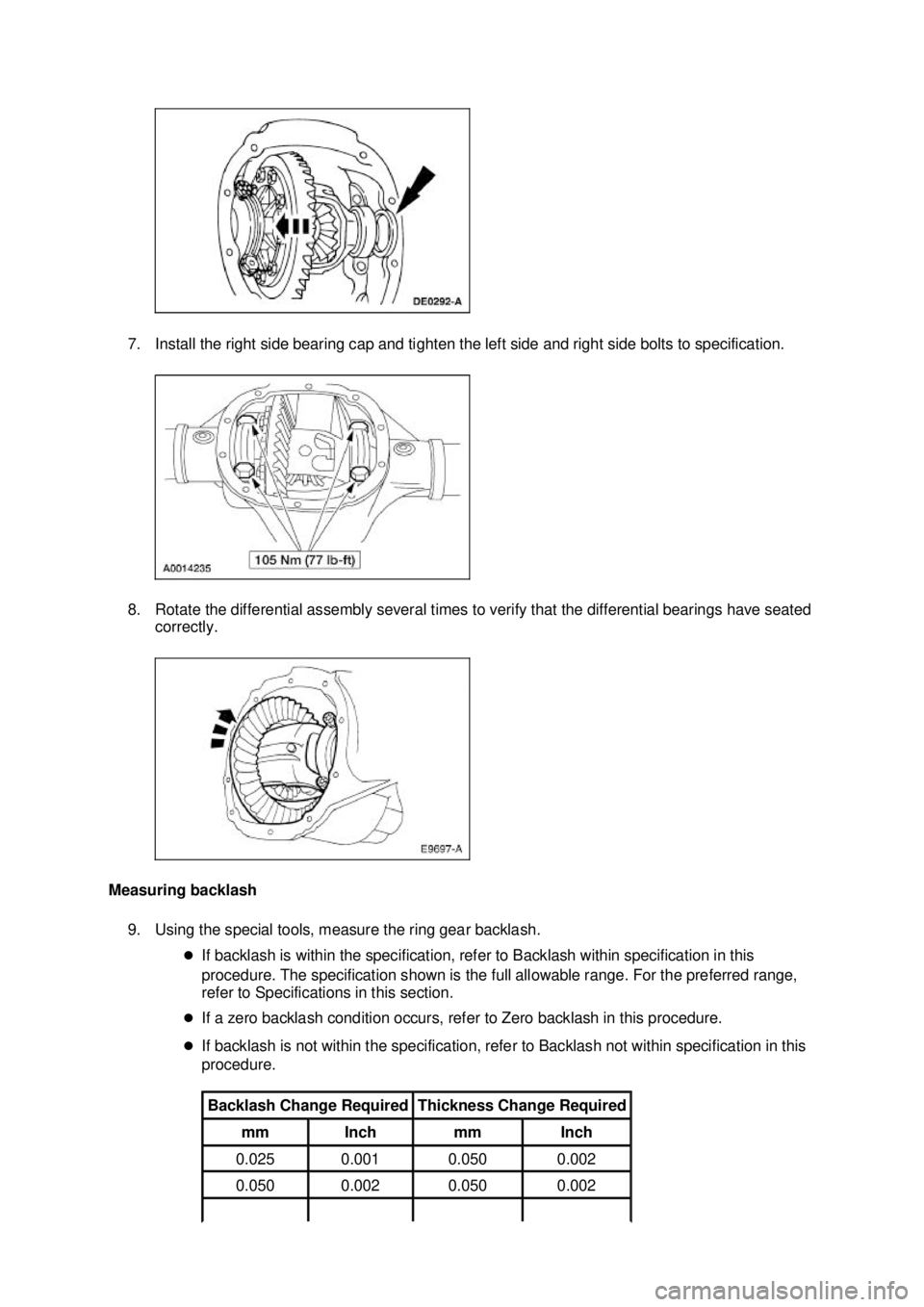 FORD MUSTANG 2003 Repair Manual 7. Install the right side bearing cap and tighten the left side and right side bolts to specification. 
8. Rotate the differential assembly several times to verify that the differential bearings have 