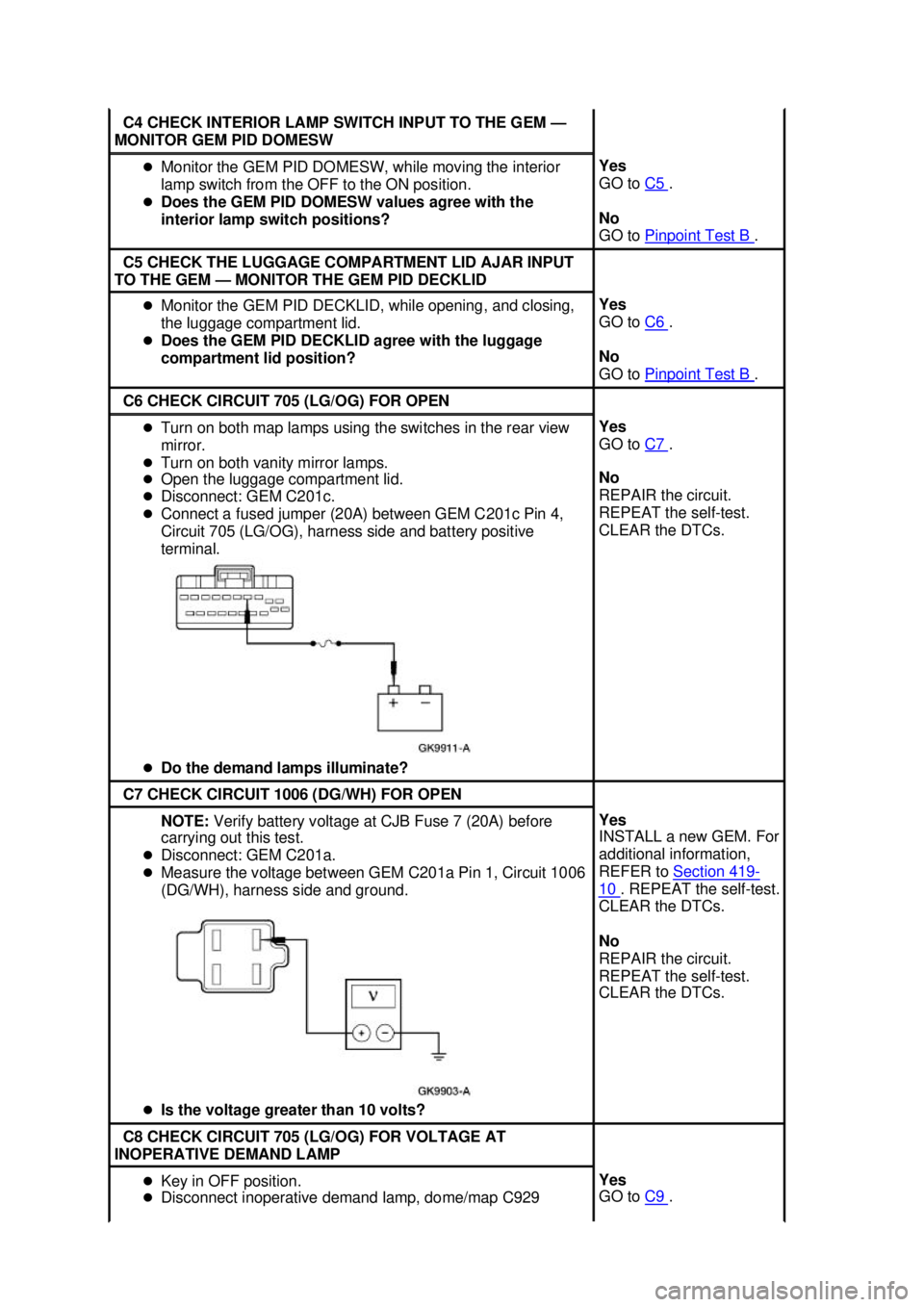 FORD MUSTANG 2003  Workshop Manual C4 CHECK INTERIOR LAMP SWITCH INPUT TO THE GEM —
MONITOR GEM PID DOMESW  �z
Monitor the GEM PID DOMESW, while moving the interior 
lamp switch from the OFF to the ON position. 
�z Does the GEM PID D