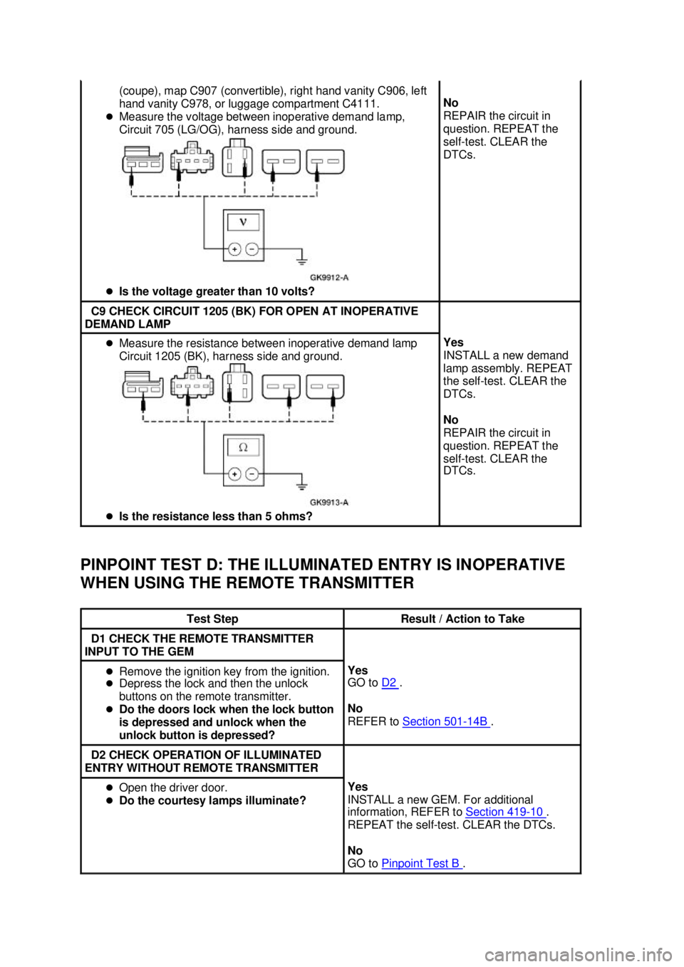FORD MUSTANG 2003  Workshop Manual PINPOINT TEST D: THE ILLUMINATED ENTRY IS INOPERATIVE 
WHEN USING THE REMOTE TRANSMITTER  (coupe), map C907 (convertible), right hand vanity C906, left 
hand vanity C978, or luggage compartment C4111.
