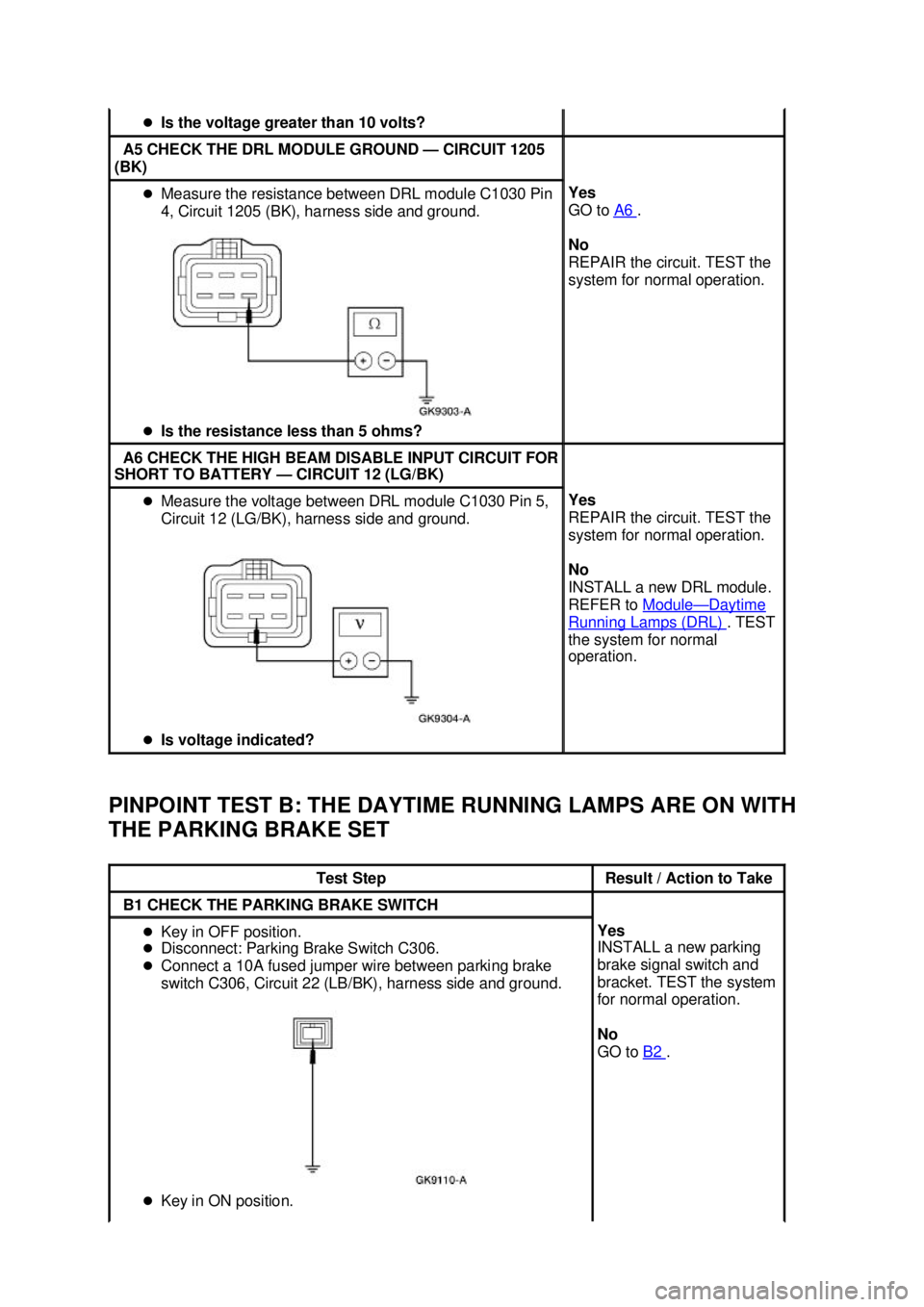 FORD MUSTANG 2003  Workshop Manual PINPOINT TEST B: THE DAYTIME RUNNING LAMPS ARE ON WITH 
THE PARKING BRAKE SET  �z
Is the voltage greater than 10 volts?  A5 CHECK THE DRL MODULE GROUND —
CIRCUIT 1205 
(BK)  �z
Measure the resistanc