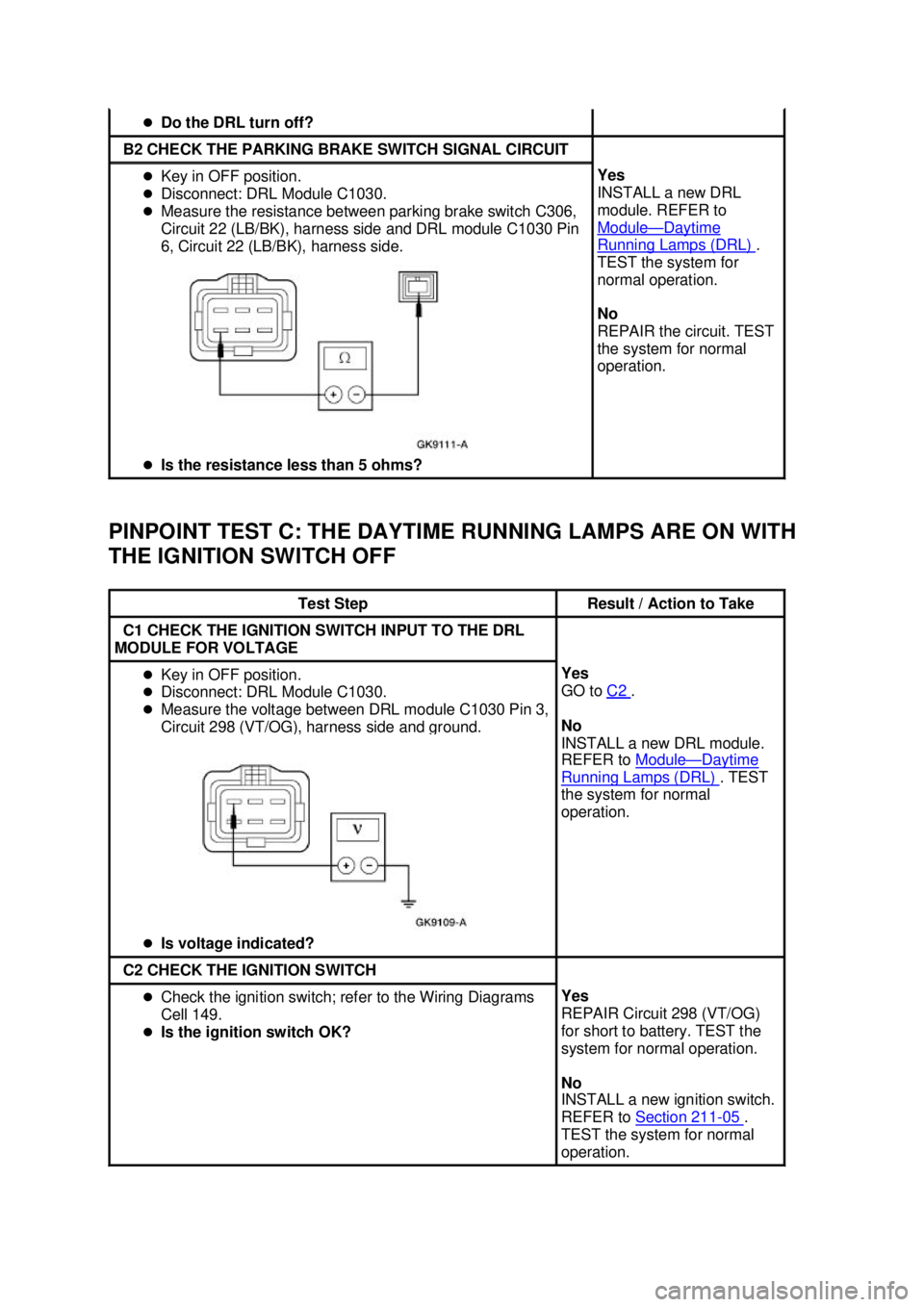 FORD MUSTANG 2003  Workshop Manual PINPOINT TEST C: THE DAYTIME RUNNING LAMPS ARE ON WITH 
THE IGNITION SWITCH OFF  �z
Do the DRL turn off?  B2 CHECK THE PARKING BRAKE SWITCH SIGNAL CIRCUIT 
�z
Key in OFF position. 
�z Disconnect: DRL 