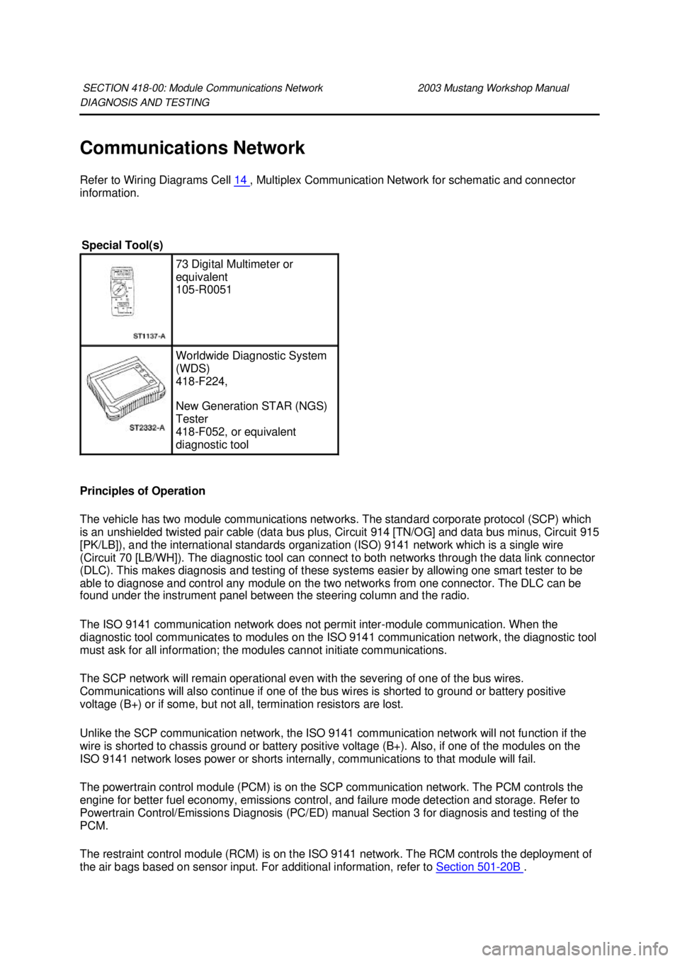 FORD MUSTANG 2003  Workshop Manual DIAGNOSIS AND TESTING 
Communications Network 
Refer to Wiring Diagrams Cell 
14  , Multiplex Communication Network for schematic and connector 
information. 
Principles of Operation 
The vehicle has 