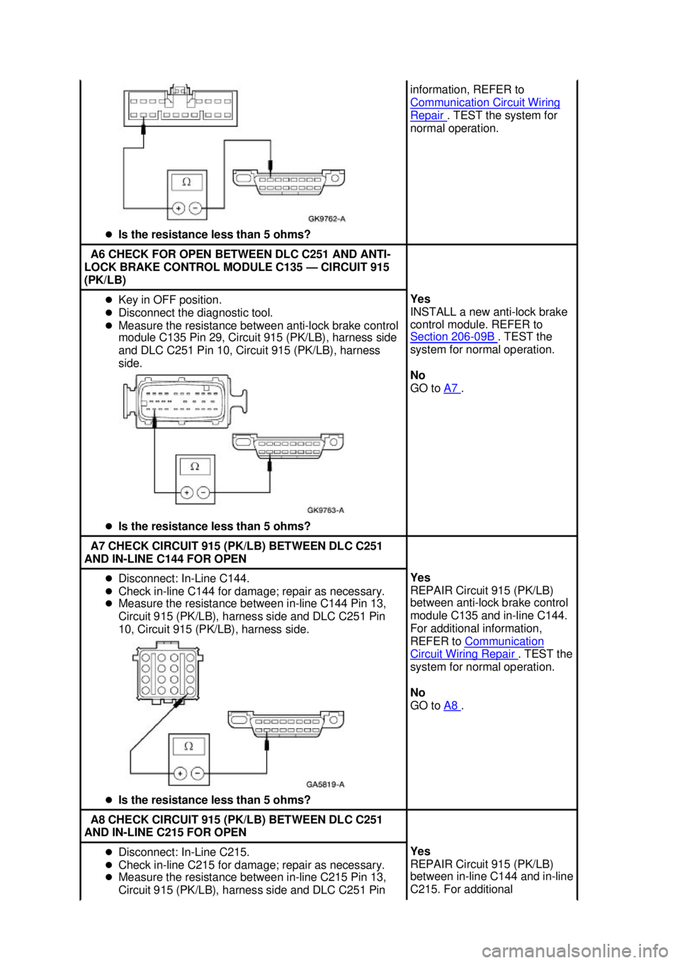 FORD MUSTANG 2003  Workshop Manual �z
Is the resistance less than 5 ohms?  information, REFER to 
Communication Circuit Wiring 
Repair  . TEST the system for 
normal operation.  A6 CHECK FOR OPEN BETWEEN DLC C251 AND ANTI-
LOCK BRAKE C