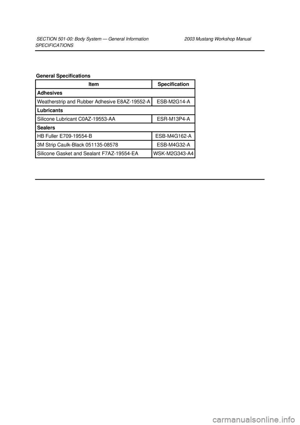 FORD MUSTANG 2003  Workshop Manual SPECIFICATIONS 
SECTION 501-
00: Body System — General Information  2003 Mustang Workshop Manual General Specifications 
Item  Specification 
Adhesives 
Weatherstrip and Rubber Adhesive E8AZ-19552-
