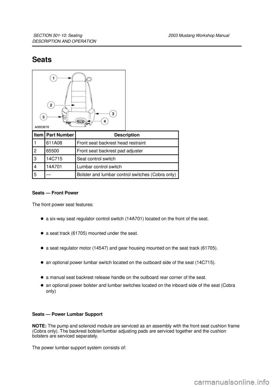 FORD MUSTANG 2003  Workshop Manual DESCRIPTION AND OPERATION 
Seats 
Seats —
Front Power 
The front power seat features: 
�za six- way seat regulator control switch (14A701) located on the front of the seat. 
�z a seat track (61705) 