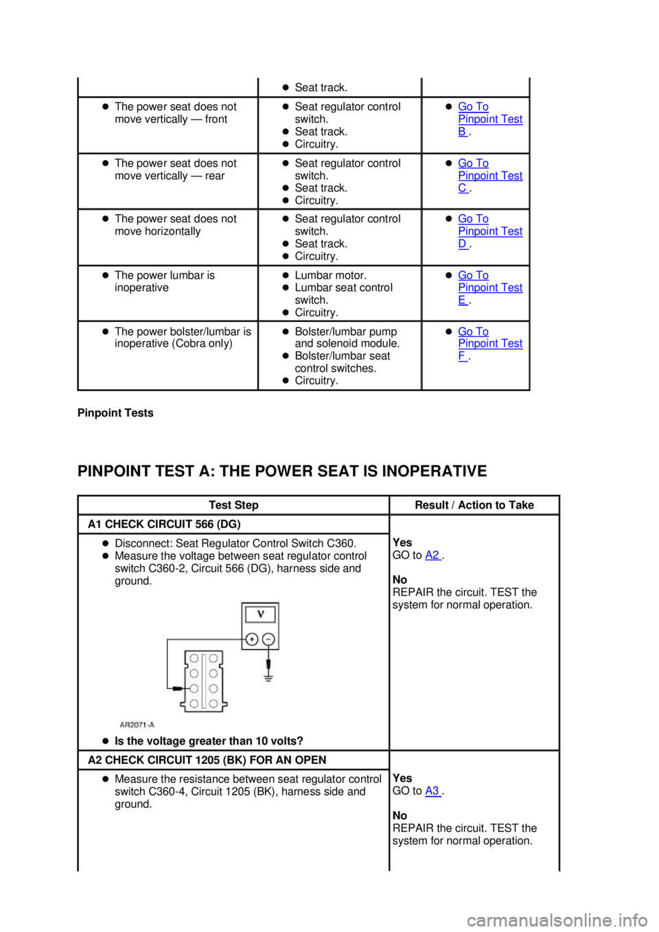 FORD MUSTANG 2003  Workshop Manual Pinpoint Tests 
PINPOINT TEST A: THE POWER SEAT IS INOPERATIVE  �z
Seat track. 
�z The power seat does not 
move vertically — front �z
Seat regulator control 
switch. 
�z Seat track. 
�z Circuitry. 