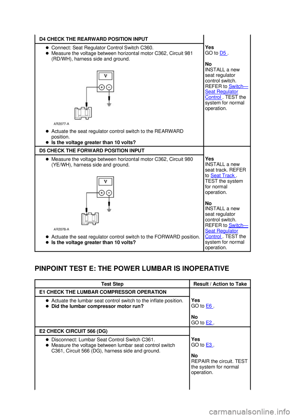FORD MUSTANG 2003 User Guide PINPOINT TEST E: THE POWER LUMBAR IS INOPERATIVE  D4 CHECK THE REARWARD POSITION INPUT 
�z
Connect: Seat Regulator Control Switch C360. 
�z Measure the voltage between horizontal motor C362, Circuit 9