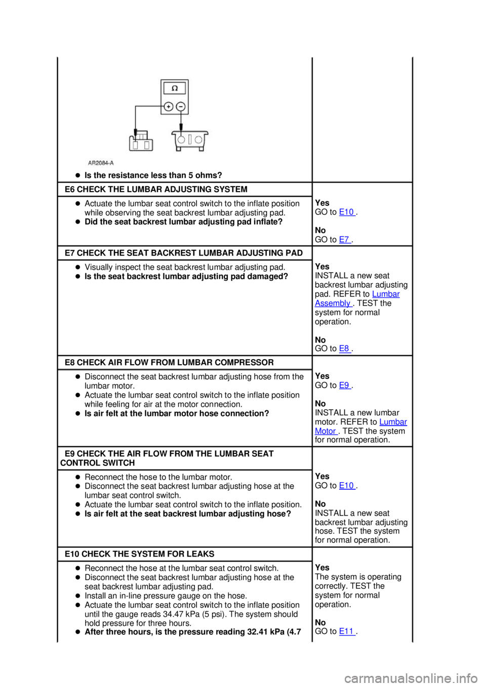 FORD MUSTANG 2003  Workshop Manual �z
Is the resistance less than 5 ohms?  E6 CHECK THE LUMBAR ADJUSTING SYSTEM 
�z
Actuate the lumbar seat control switch to the inflate position 
while observing the seat backrest lumbar adjusting pad.