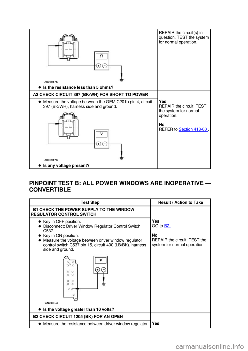 FORD MUSTANG 2003 Owners Guide PINPOINT TEST B: ALL POWER WINDOWS ARE INOPERATIVE —
CONVERTIBLE  �z
Is the resistance less than 5 ohms?  REPAIR the circuit(s) in 
question. TEST the system 
for normal operation. 
A3 CHECK CIRCUIT