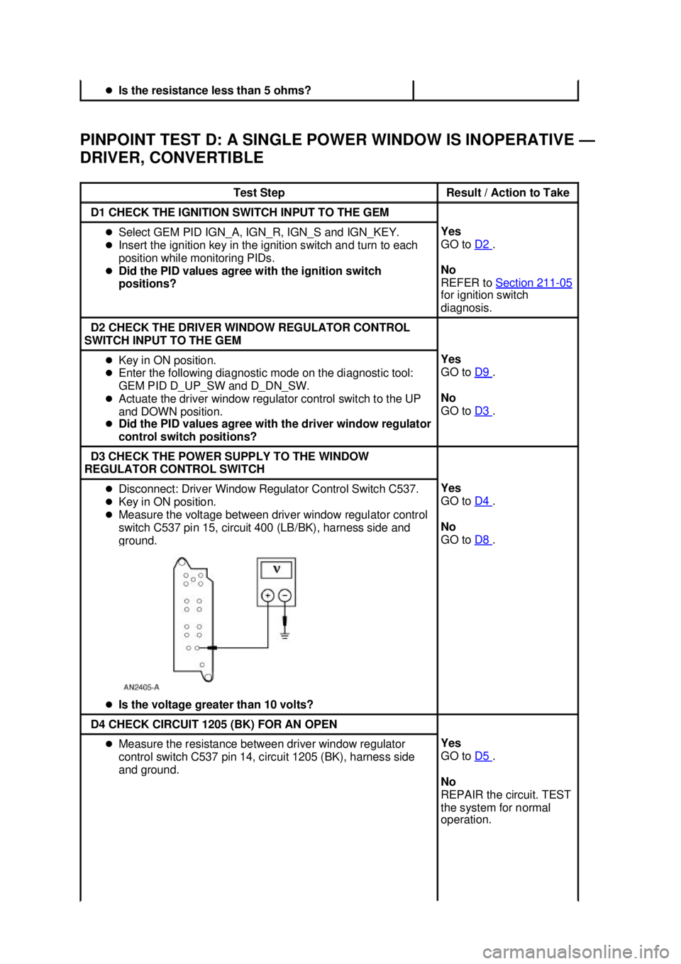 FORD MUSTANG 2003  Workshop Manual PINPOINT TEST D: A SINGLE POWER WINDOW IS INOPERATIVE —
DRIVER, CONVERTIBLE  �z
Is the resistance less than 5 ohms?  Test Step  Result / Action to Take 
D1 CHECK THE IGNITION SWITCH INPUT TO THE GEM