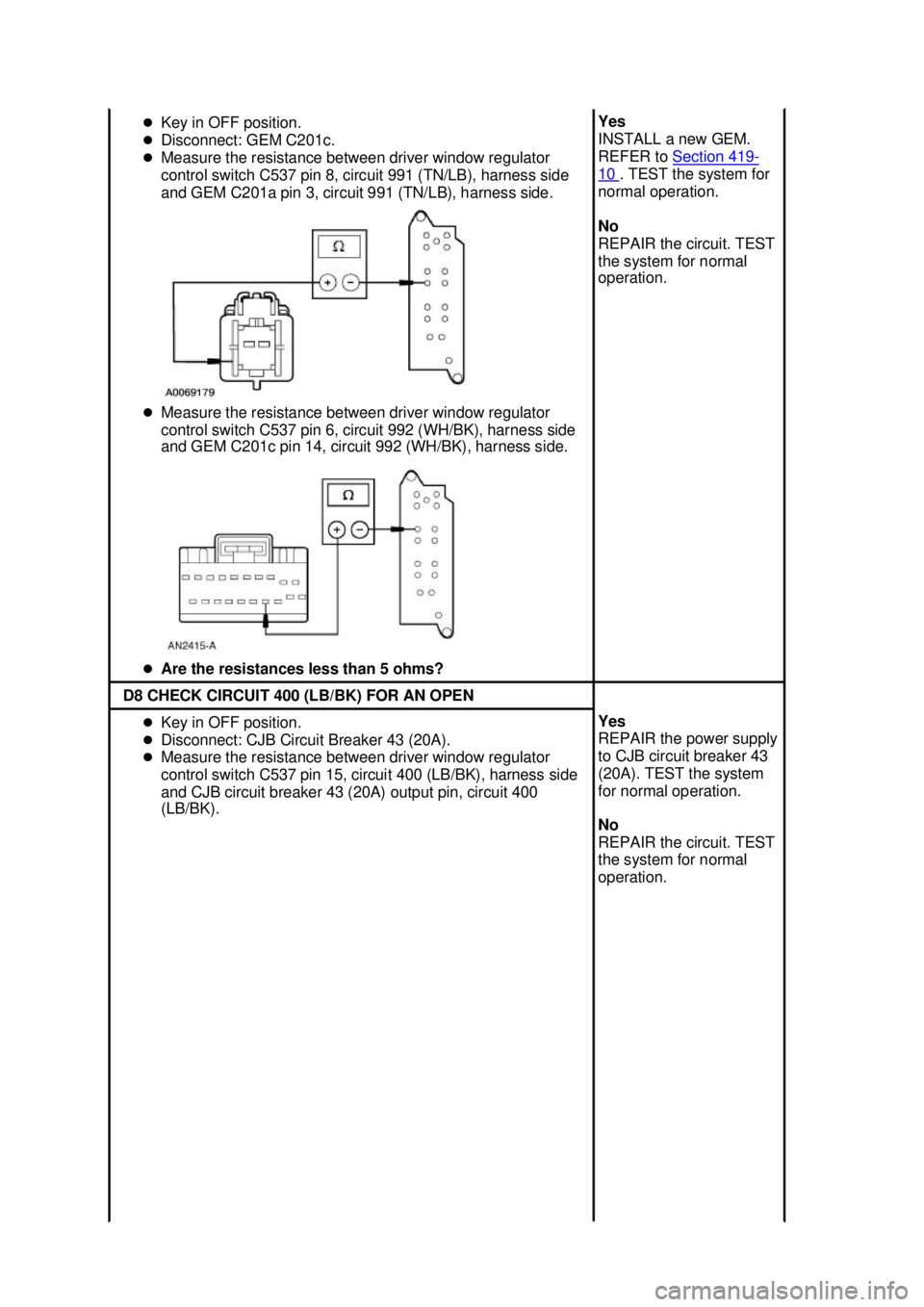 FORD MUSTANG 2003 Owners Guide �z
Key in OFF position. 
�z Disconnect: GEM C201c. 
�z Measure the resistance between driver window regulator 
control switch C537 pin 8, circuit 991 (TN/LB), harness side 
and GEM C201a pin 3, circui