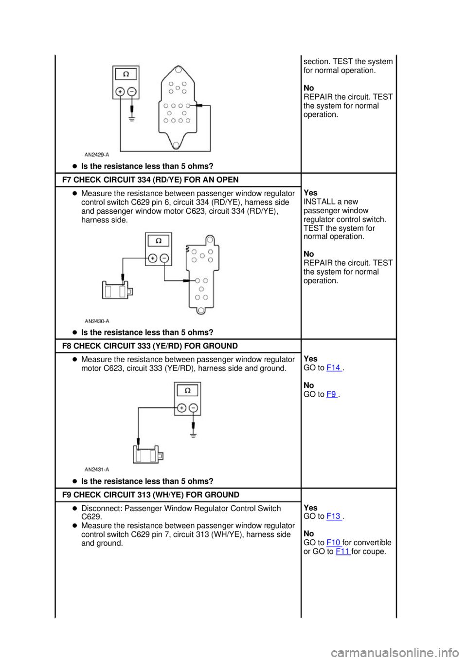 FORD MUSTANG 2003 Service Manual �z
Is the resistance less than 5 ohms?  section. TEST the system 
for normal operation. 
No 
REPAIR the circuit. TEST 
the system for normal 
operation. 
F7 CHECK CIRCUIT 334 (RD/YE) FOR AN OPEN 
�z
M