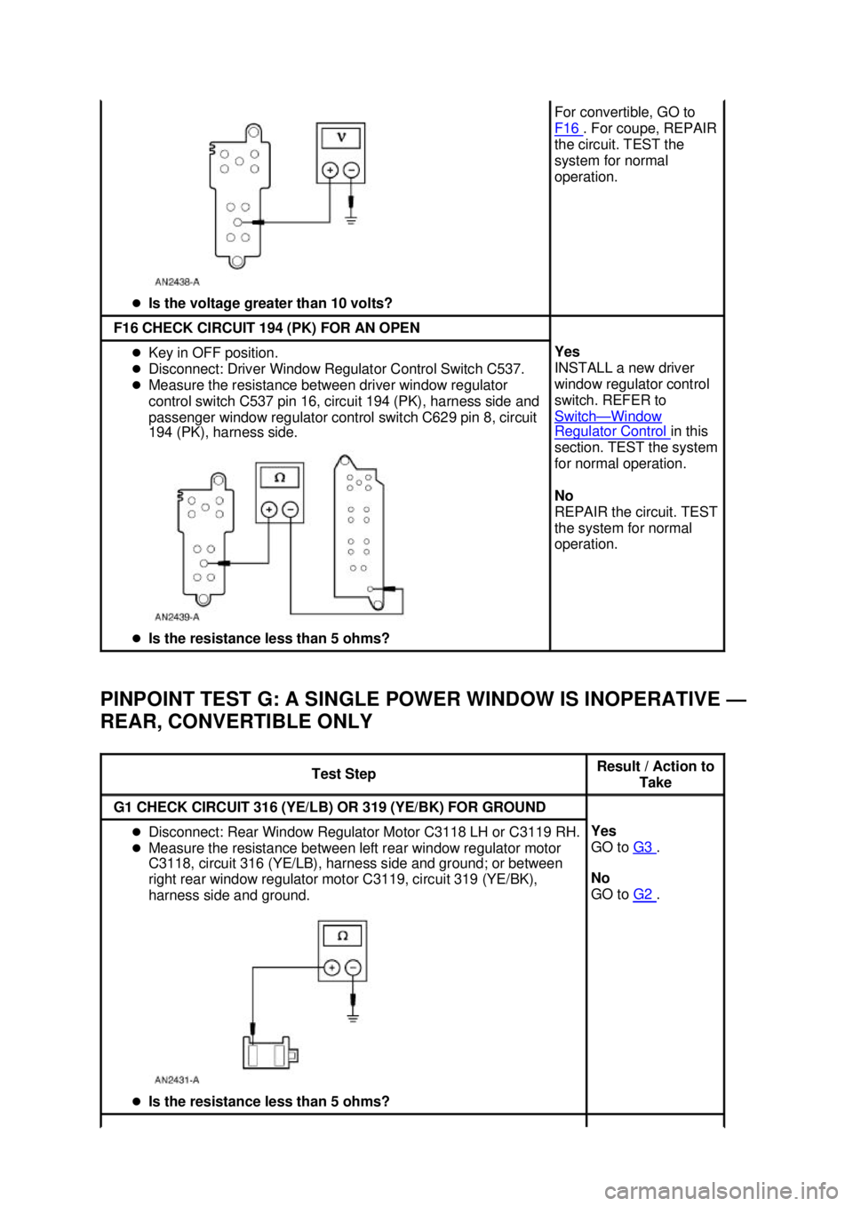 FORD MUSTANG 2003 Service Manual PINPOINT TEST G: A SINGLE POWER WINDOW IS INOPERATIVE —
REAR, CONVERTIBLE ONLY  �z
Is the voltage greater than 10 volts?  For convertible, GO to 
F16 
. For coupe, REPAIR 
the circuit. TEST the 
sys