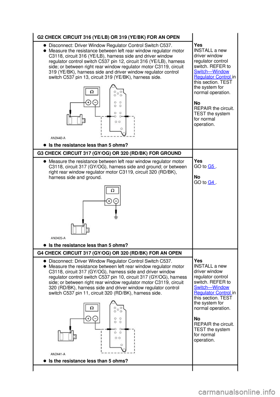 FORD MUSTANG 2003 Service Manual G2 CHECK CIRCUIT 316 (YE/LB) OR 319 (YE/BK) FOR AN OPEN 
�z
Disconnect: Driver Window Regulator Control Switch C537. 
�z Measure the resistance between left rear window regulator motor 
C3118, circuit