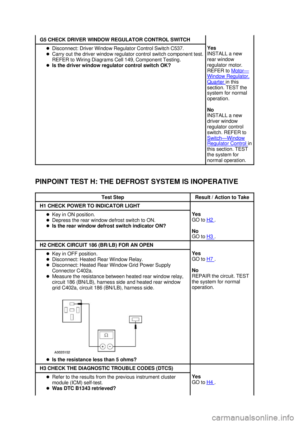 FORD MUSTANG 2003 Service Manual PINPOINT TEST H: THE DEFROST SYSTEM IS INOPERATIVE  G5 CHECK DRIVER WINDOW REGULATOR CONTROL SWITCH 
�z
Disconnect: Driver Window Regulator Control Switch C537. 
�z Carry out the driver window regulat