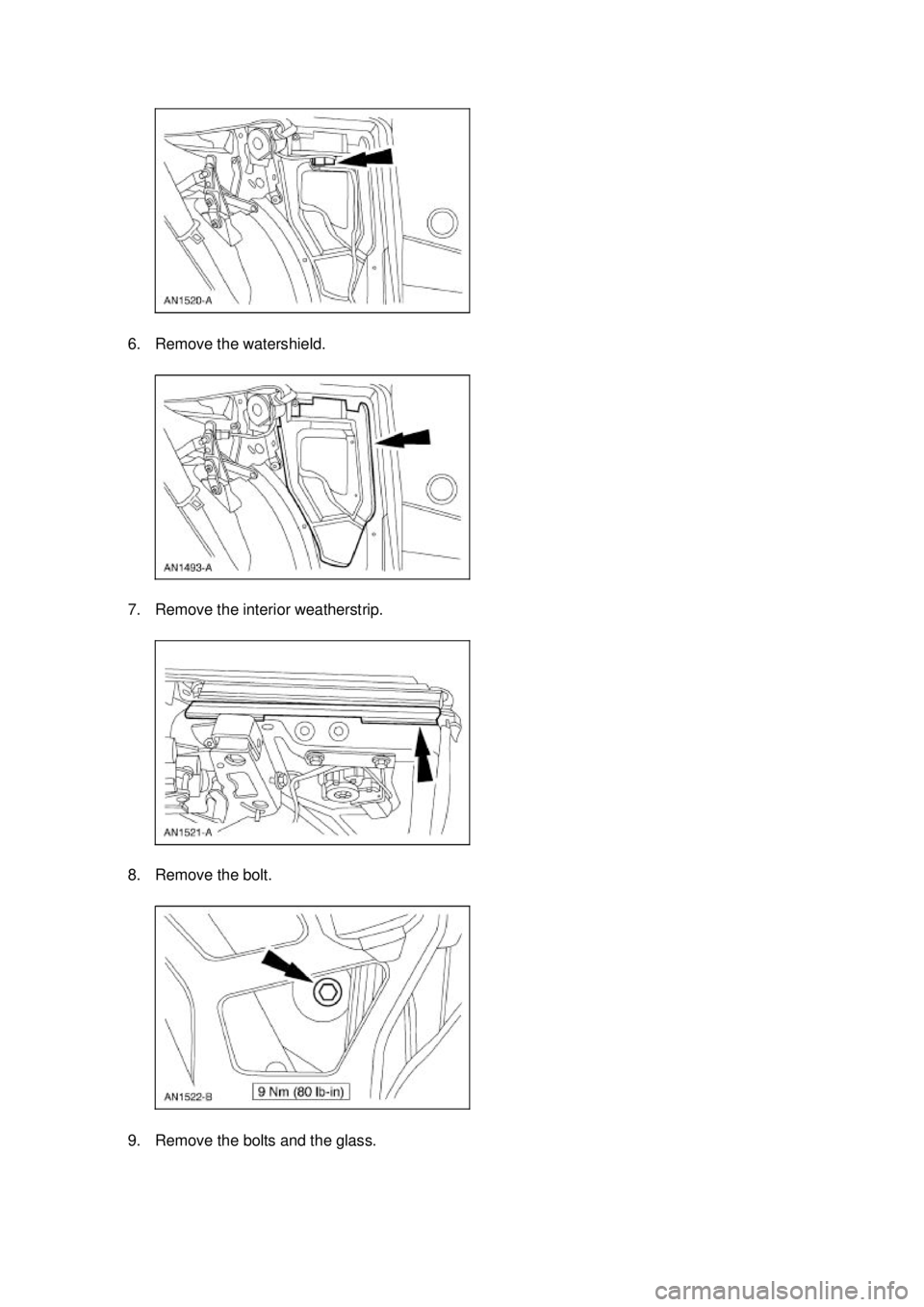 FORD MUSTANG 2003  Workshop Manual 6. Remove the watershield. 
7. Remove the interior weatherstrip. 
8. Remove the bolt. 
9. Remove the bolts and the glass.  Klj .  2 ba
  32003 Mustang Workshop Manual
18. 11. 2011file:///C:/Ford/