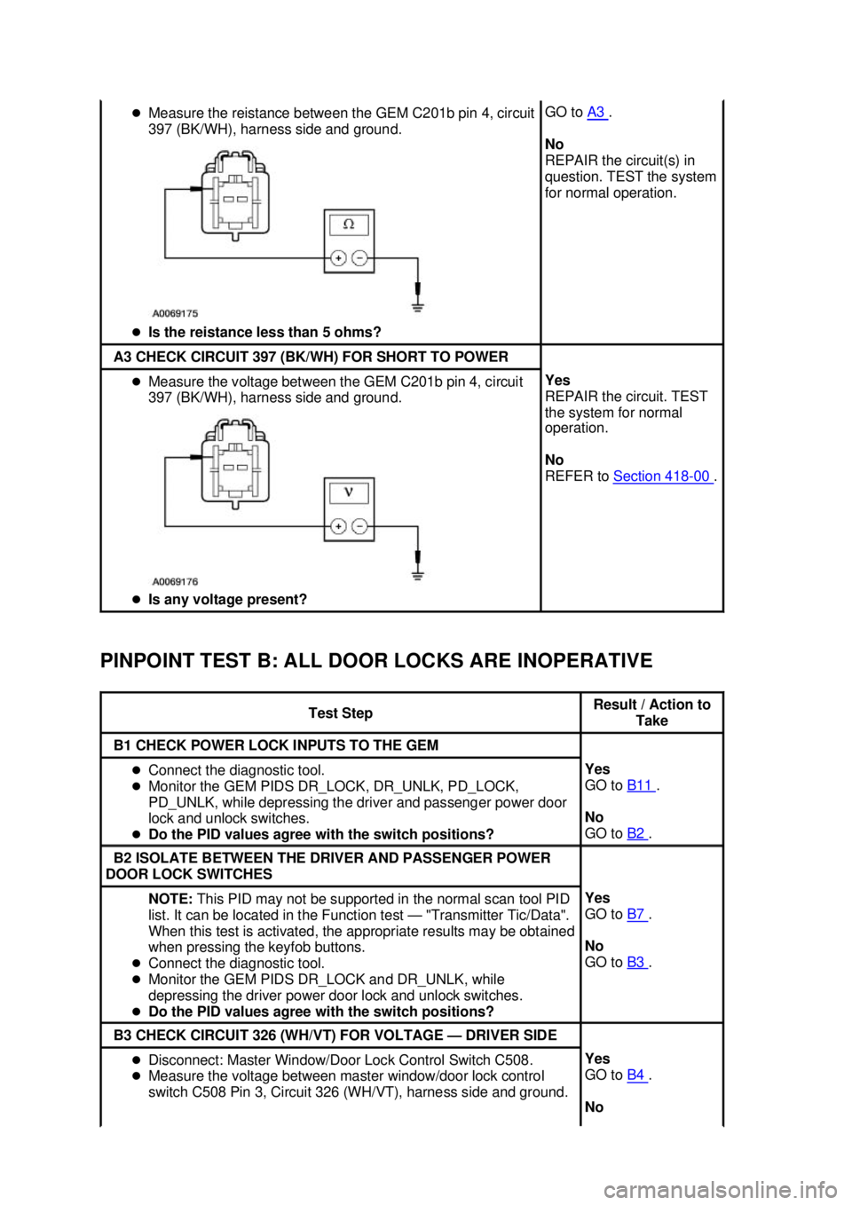FORD MUSTANG 2003  Workshop Manual PINPOINT TEST B: ALL DOOR LOCKS ARE INOPERATIVE  �z
Measure the reistance between the GEM C201b pin 4, circuit 
397 (BK/WH), harness side and ground. 
�z Is the reistance less than 5 ohms?  GO to 
A3 